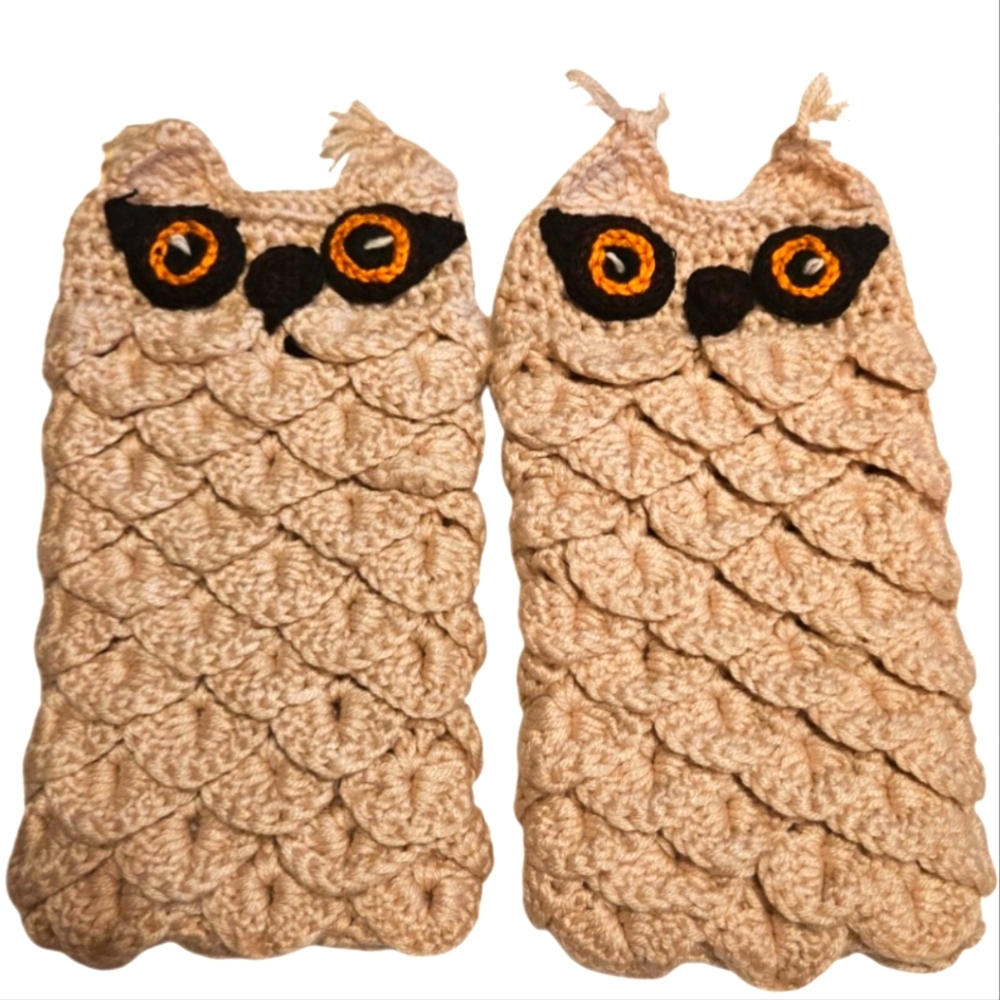 Handmade Crochet Fingerless Gloves Owl Tan Crocodile Stitch Brown Fall Winter